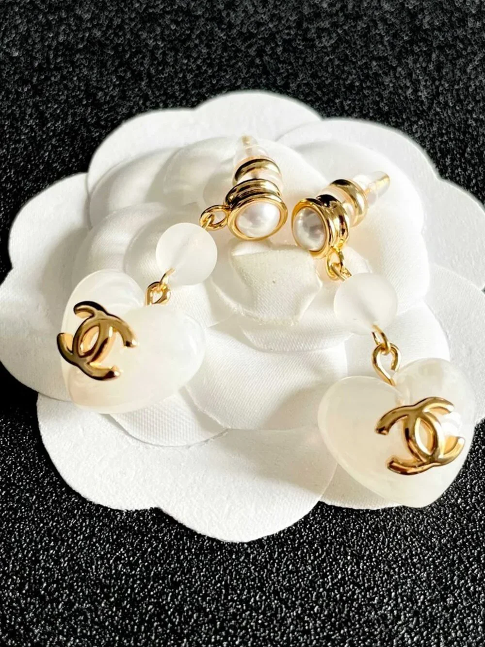Chanel White Frosted Heart CC Pearl Chain Drop Dangle Earrings Pair Designer Pie
